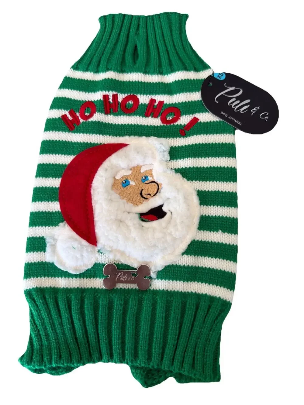 Puli & Co. Knitted Green/White Striped Santa Face Dog Sweater ~ XS~ NWT
